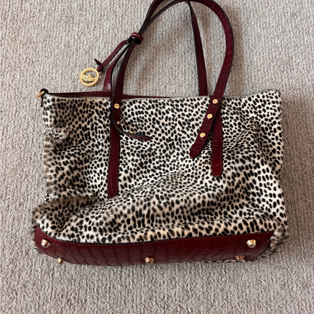 A. Bellucci Leopard Print Tote Bag with Burgundy Accents